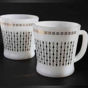 Vintage Fire King Mugs Set of 2 Milk glass with gold Greek key pattern